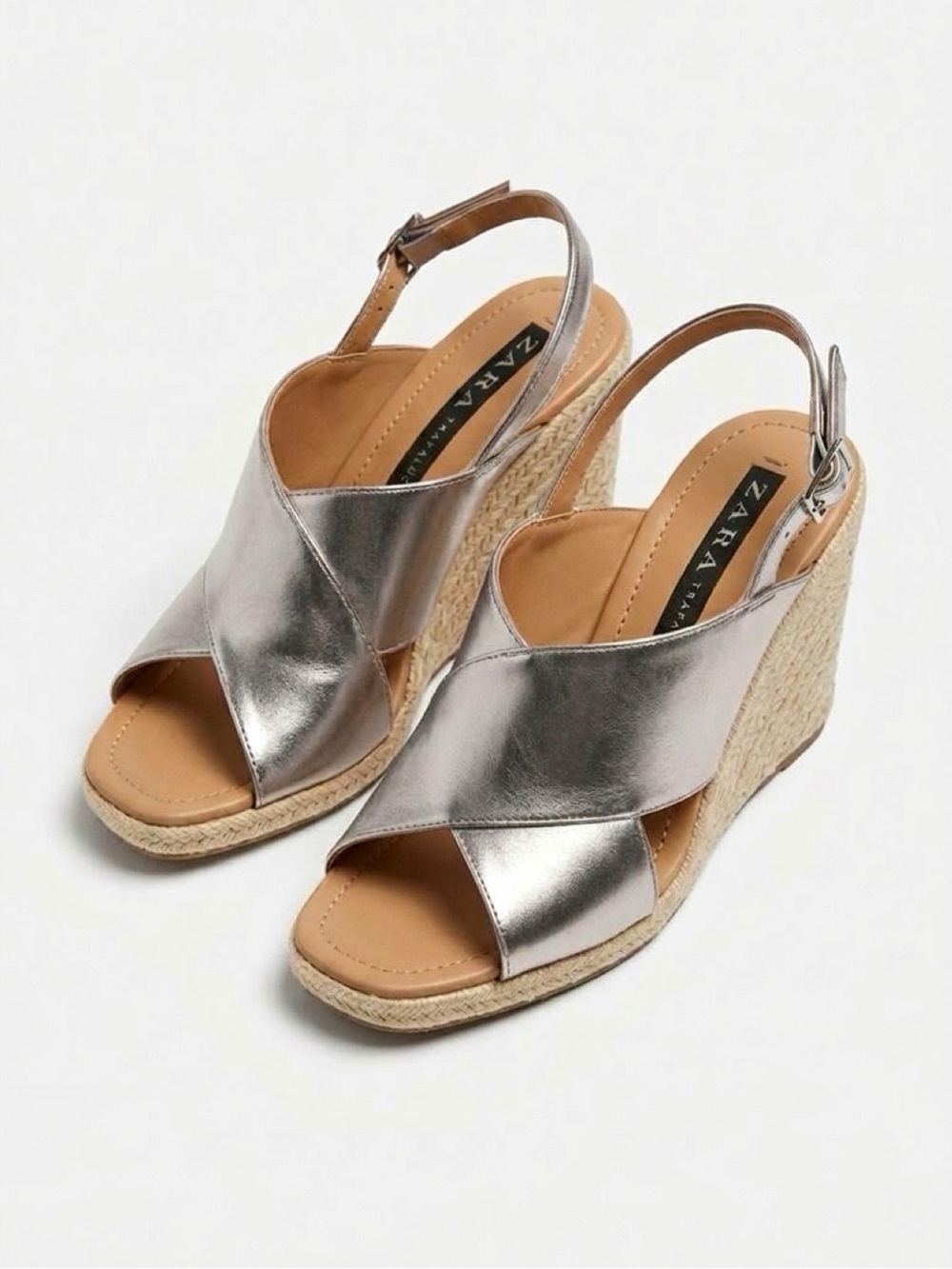 Zara Metallic Silver Espadrille Wedge Sandals 8.5